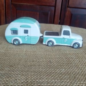 Camper travel trailer with matching truck salt & pepper shakers